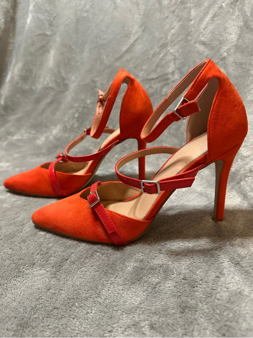 Scarlet Red orange Pointed-Toe High Heels with ankle Straps
